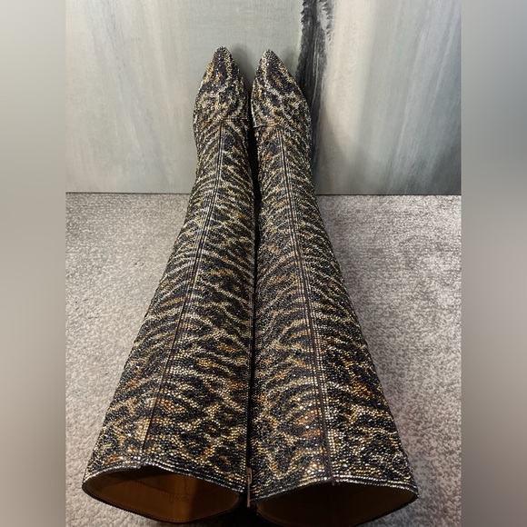 Betsey Johnson Brea Leopard Rhinestone Tall Boots NIB Stiletto Pointed Toe - Picture 7 of 14